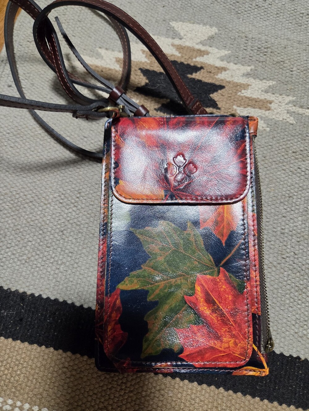 Leaf Print Leather Wristlet Clutch in Navy, Red & Yellow Patricia Nash - Picture 2 of 3